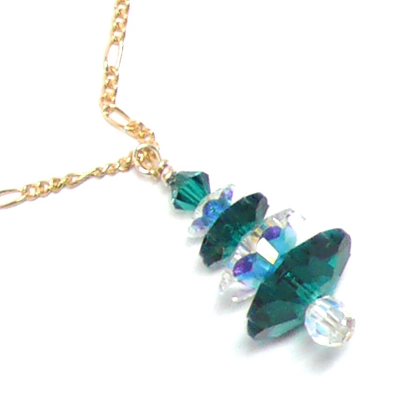 Emerald-Green and Clear AB Snow-Laden Austrian Crystal Christmas Tree Chain Necklace 14 Kt. Gold-Filled